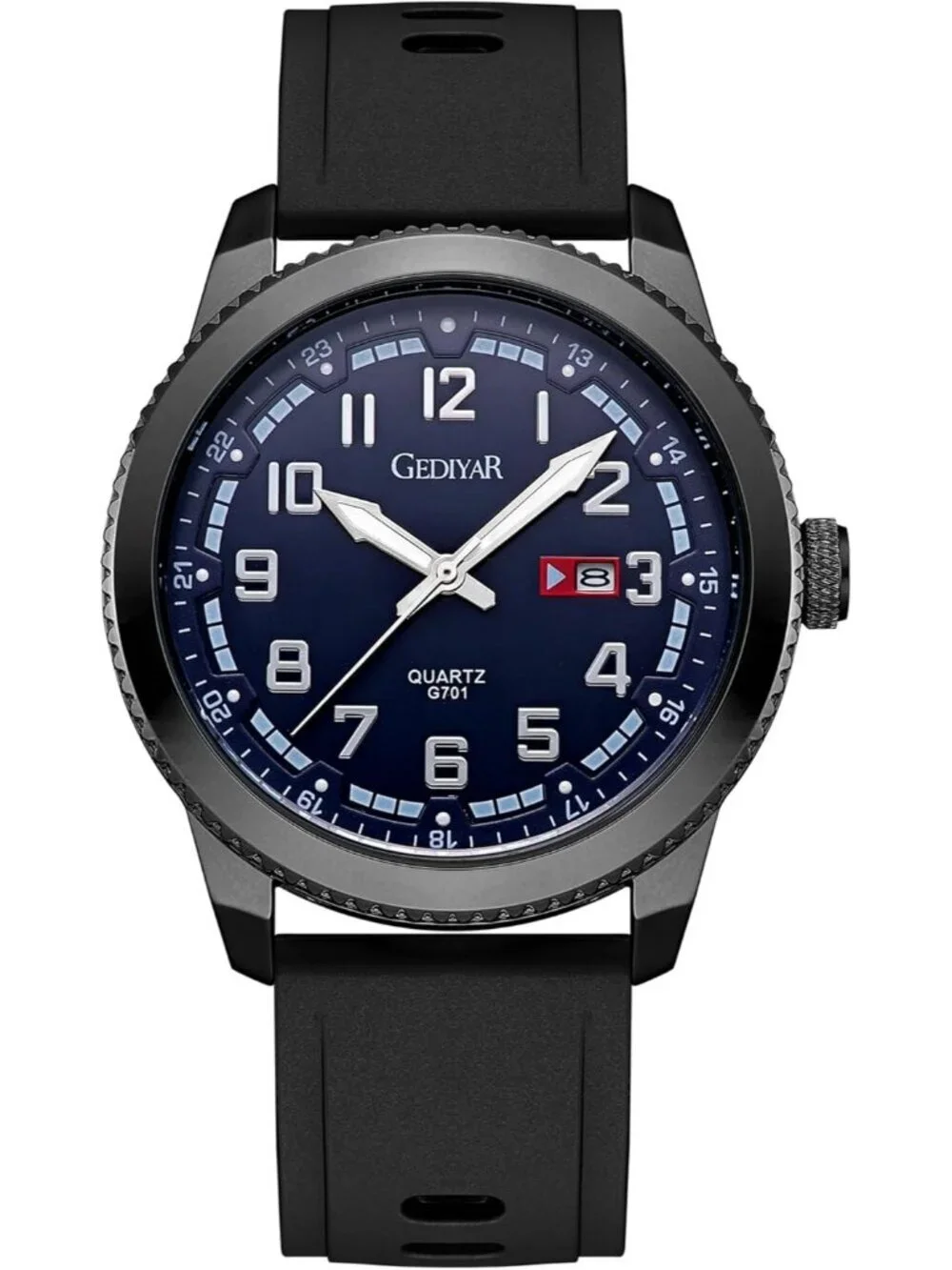 Men's Black And Blue Analog Quartz Waterproof Silicone Band Luminous Wrist Watch
